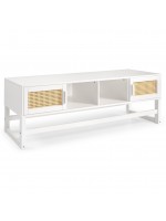 Rack para tv com portas de palhinha indiana na cor branco laca | Coleção Blanco Acapulco